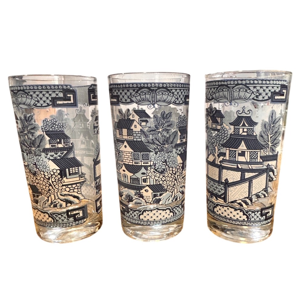 Georges Briard Blue Willow Highball Glasses Set of 3 Blue White Chinoiserie MCM